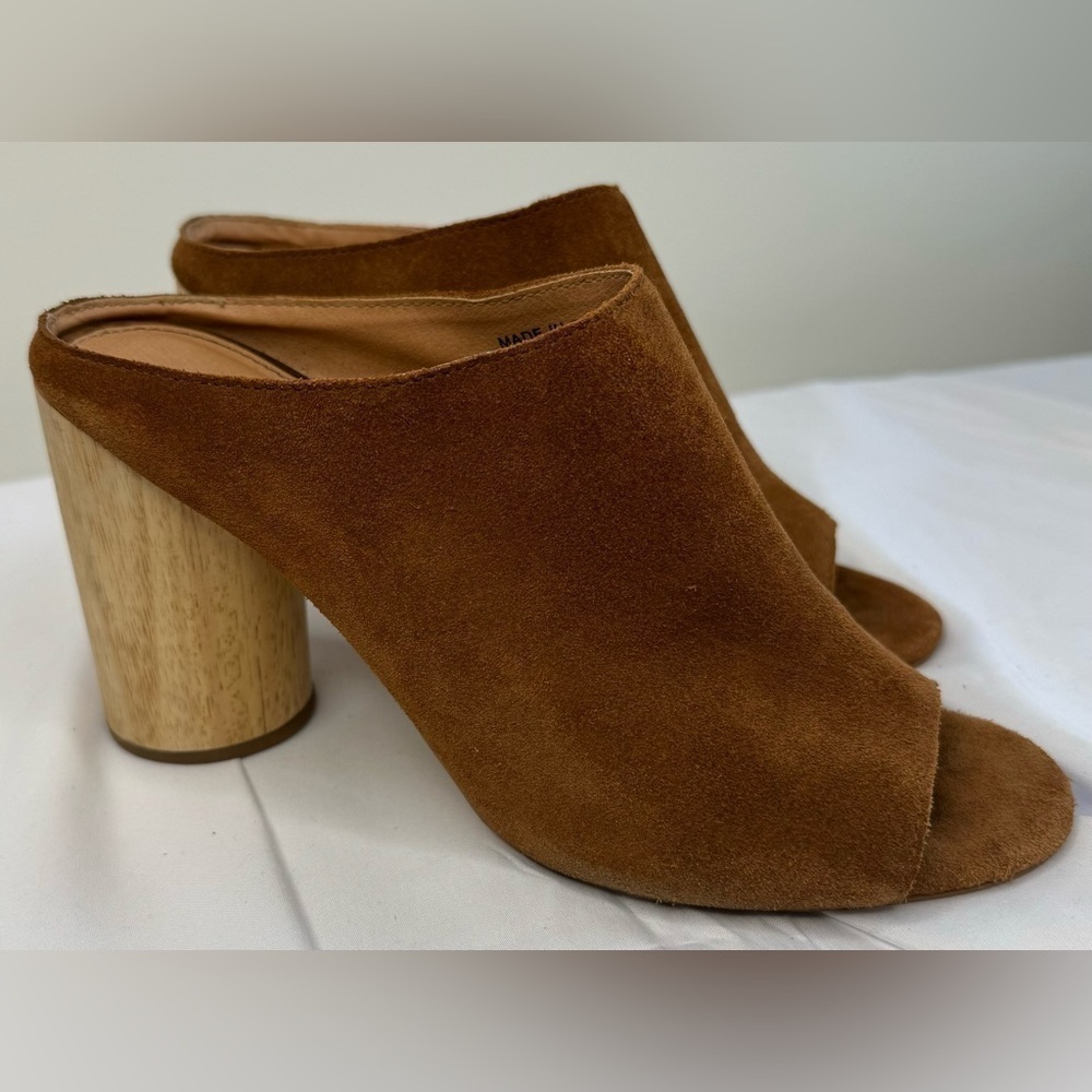Urban Outfitters Women’s Brown Suede Open Toe Wooden Heel Mules Shoes Size 8
